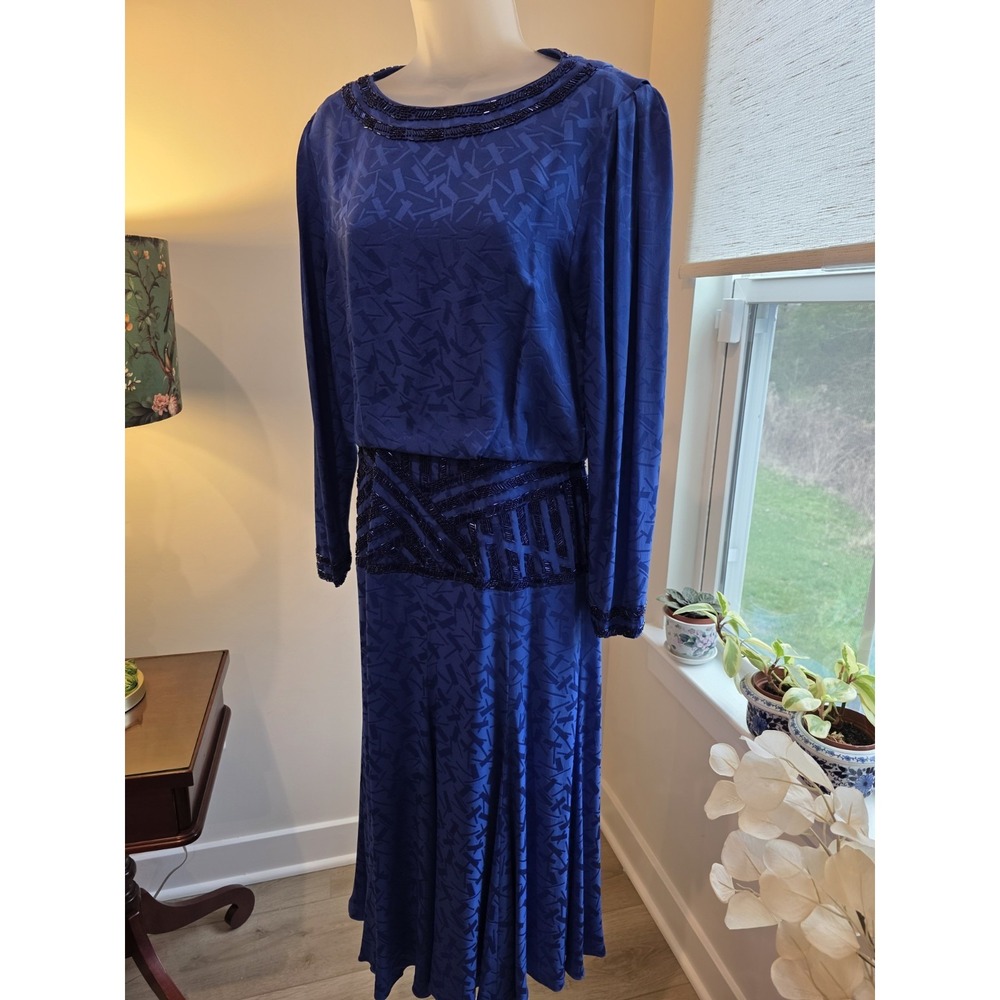 Vintage 80s Satin Print Royal Blue Maxi Cocktail Dress Open Back Sz.8/10 (M) - Picture 15 of 15